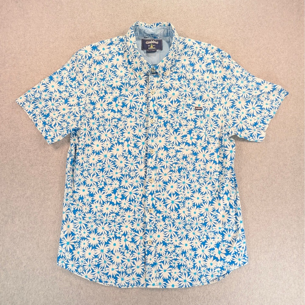 Chubbies Mens Large Blue Daisy Floral Short Sleeve Button Down Shirt 21.5x30